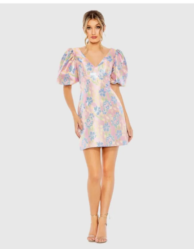 Floral Puff Shoulder Brocade Mini Dress