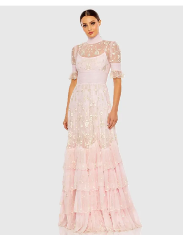 Floral Embroidered Smock Neck Tiered Ruffle Dress