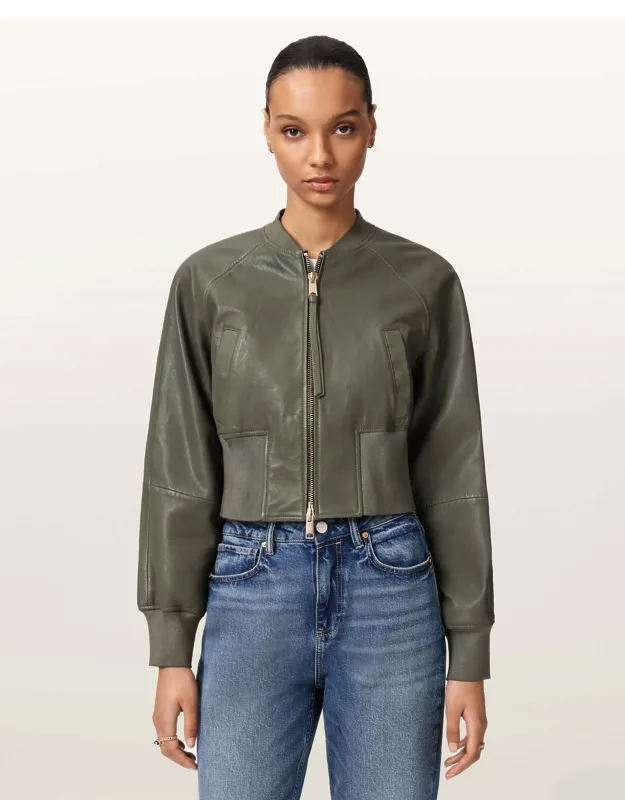 Cropped Leather Bomber Jacket