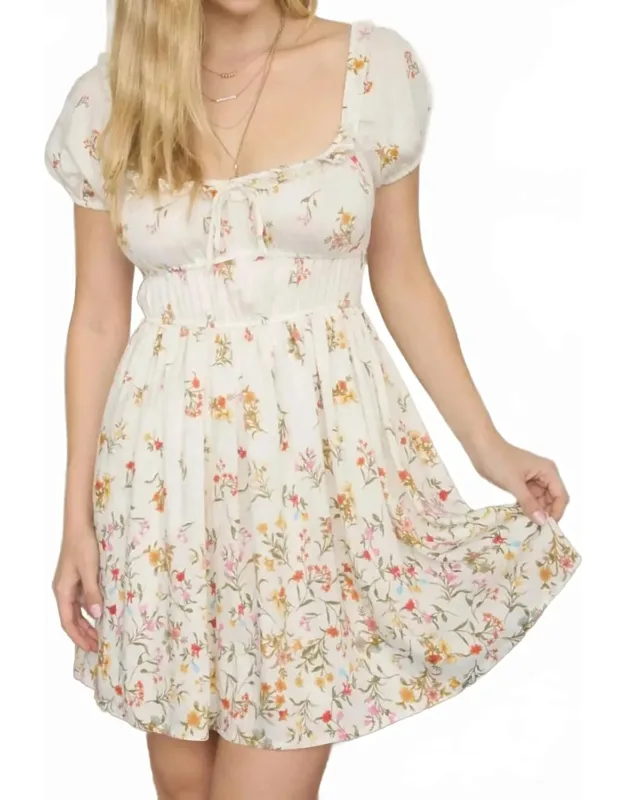 Gradient Floral Front Tie Puff Sleeve Dress