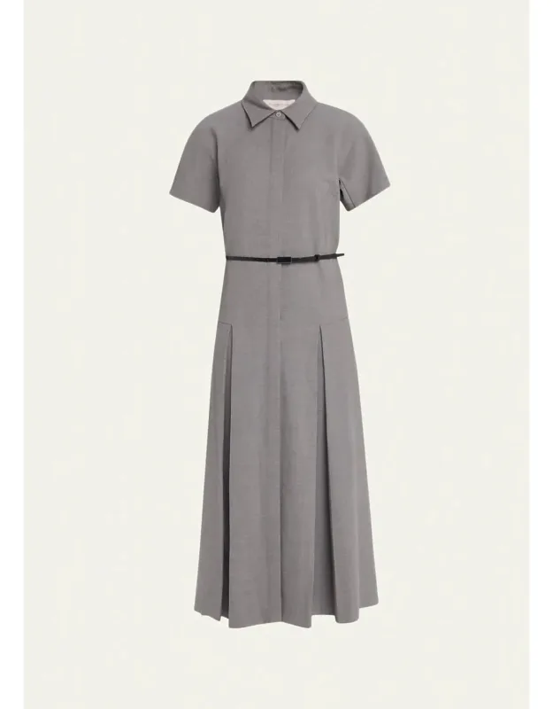 Pleated Stretch Wool Midi Shirtdress