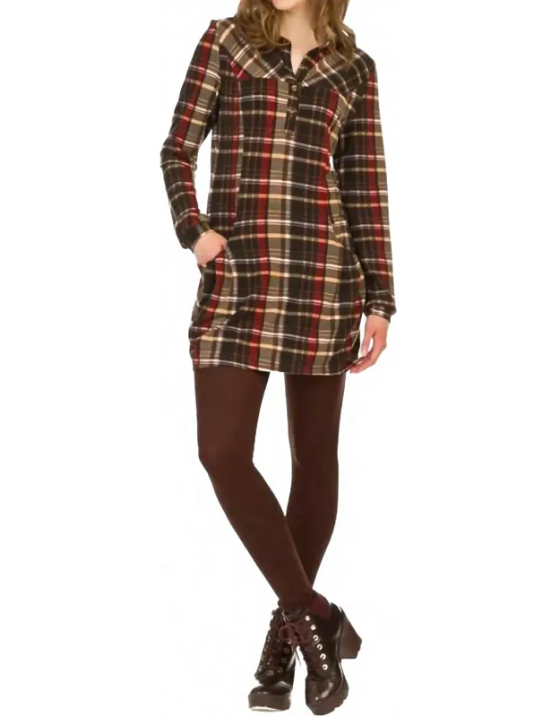 Plaid Collared Sweater Dress With Pockets
