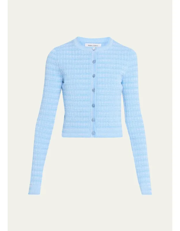 Striped Rib Knit Fitted Crewneck Cardigan