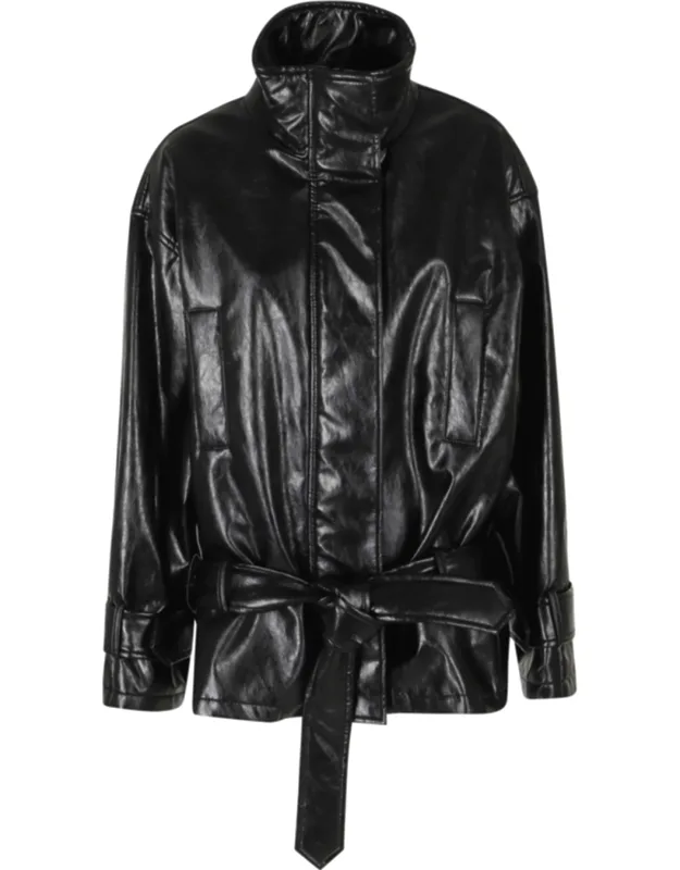 Belted High Neck Leather Bomber Jacket