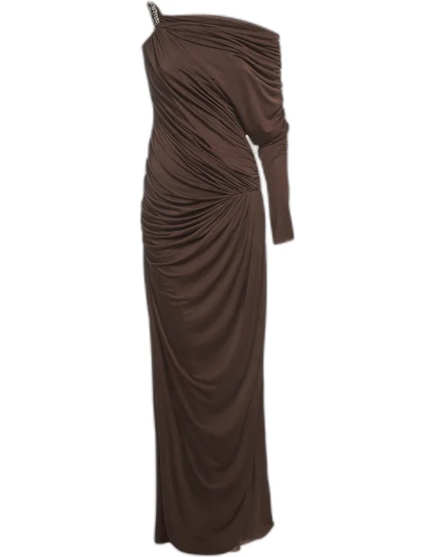 Asymmetric Ruched Stretch Crepe One Shoulder Maxi Dress
