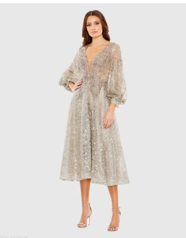 Embellished Plunge Neck Bishop Sleeve Dress