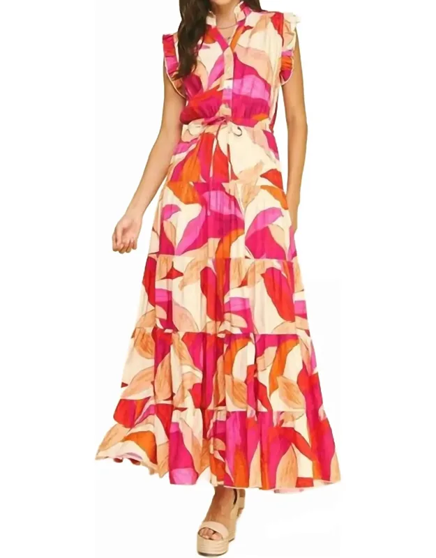 Leaf Print Button Down Tiered Dress
