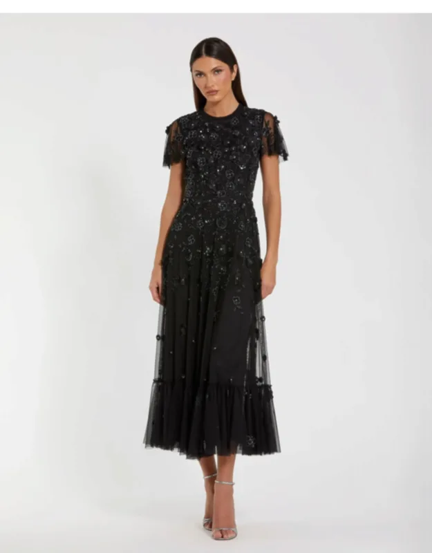 Petite Embellished High Neck Flutter Sleeve A Line Dress