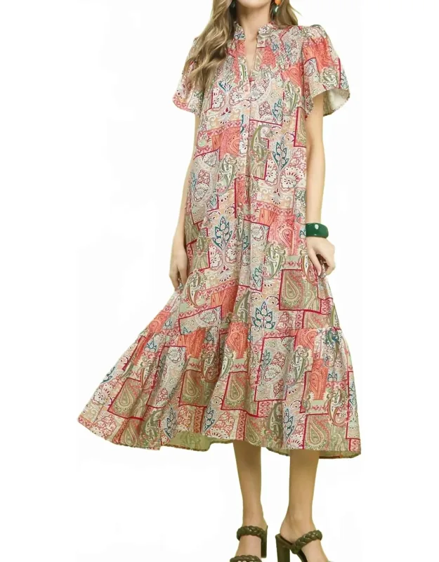 Patchwork Print Flutter Sleeve Midi Dress