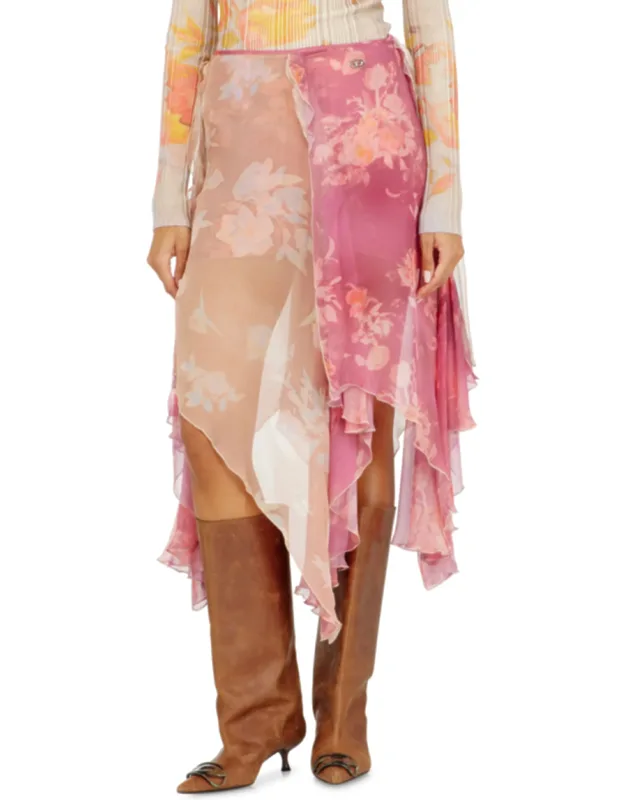 Asymmetric Floral Midi Skirt In Viscose And Silk