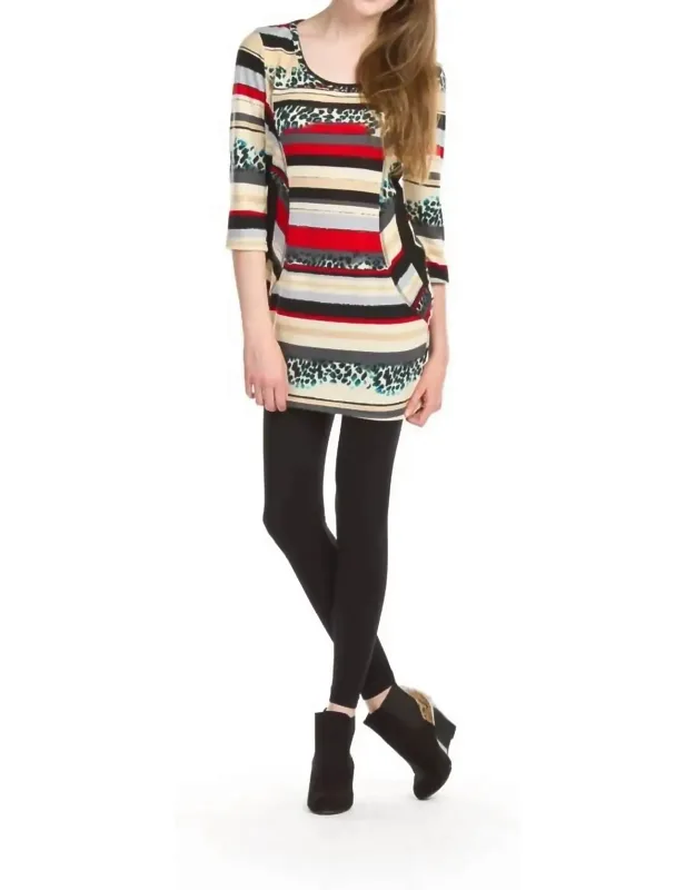Stripe Animal Print 3/4 Sleeve Bodycon Dress