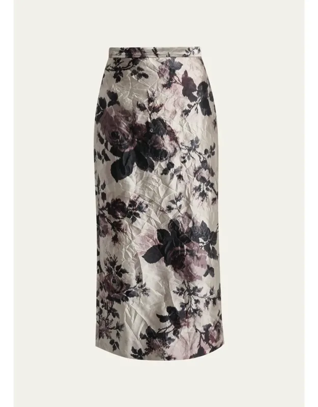 Floral Metallic Crinkled Midi Skirt