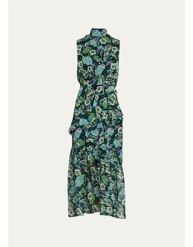 Fleur Silk Sleeveless Tiered-ruffle Midi Dress