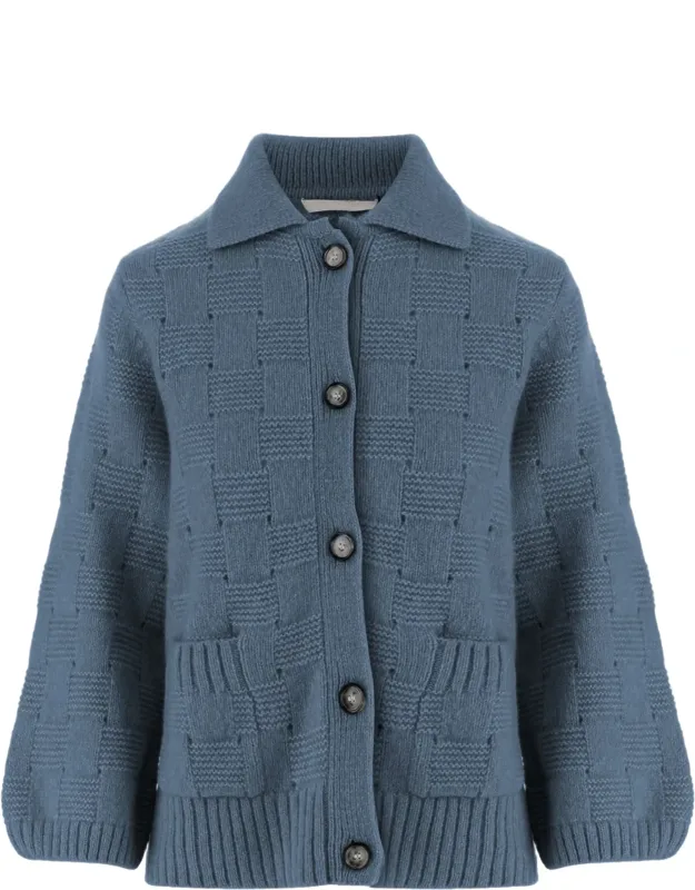 Checkered Knit Button-down Sweater
