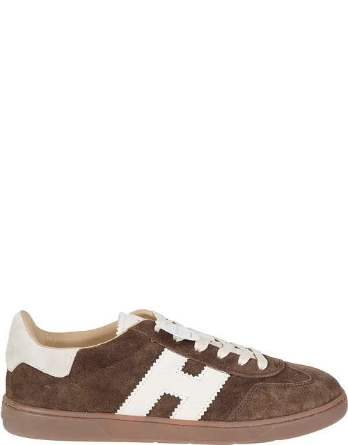 Brown Suede Sneakers With White Accents