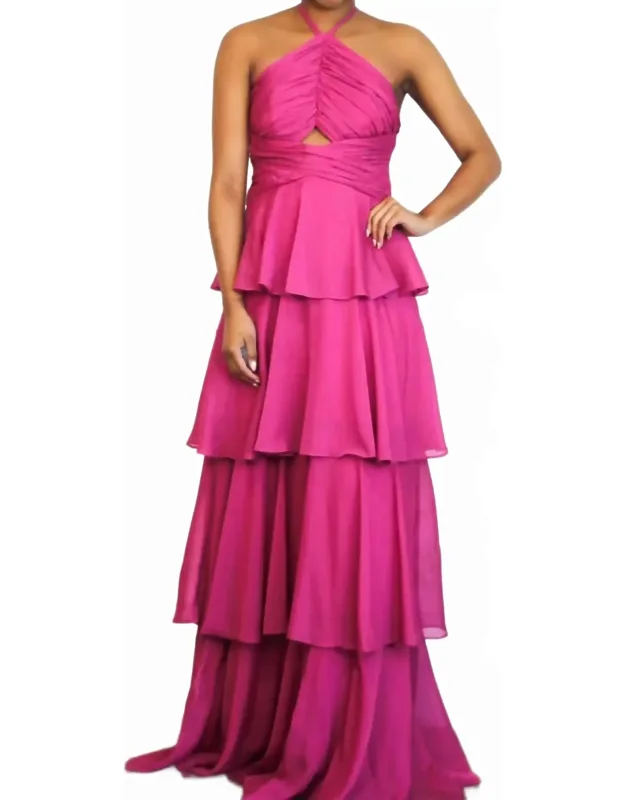 High Neck Tiered Ruffle Shimmer Maxi Dress