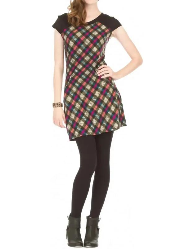 3/4 Sleeve Plaid Dress With Zipper Pockets
