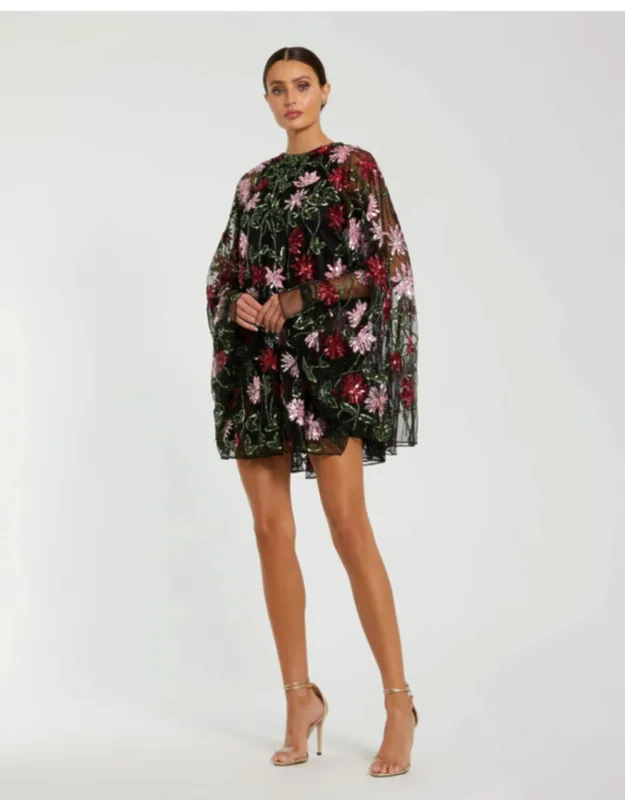 Floral Embellished Cape Mini Dress