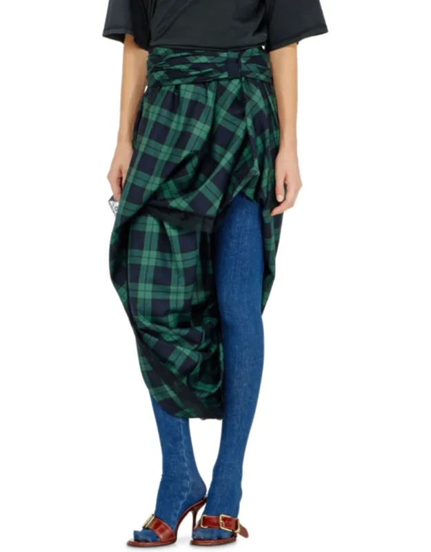 Draped Tartan Midi Skirt With Lace Trim
