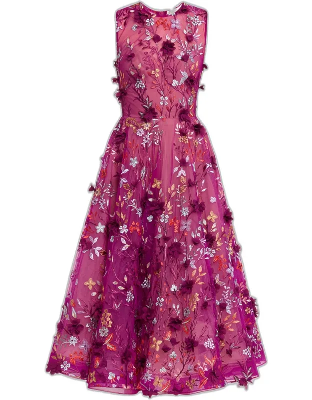 Floral-embroidered Sleeveless Midi Dress