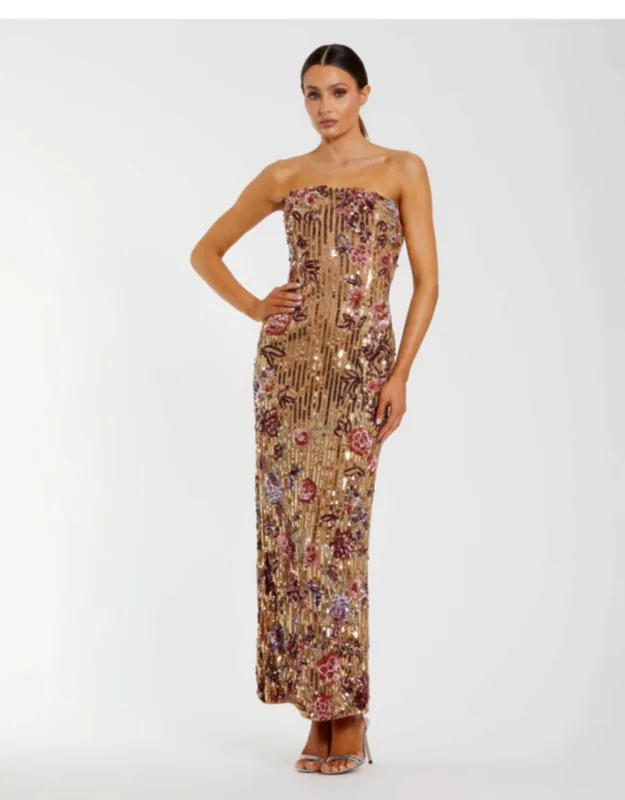Floral Embellished Strapless Column Dress
