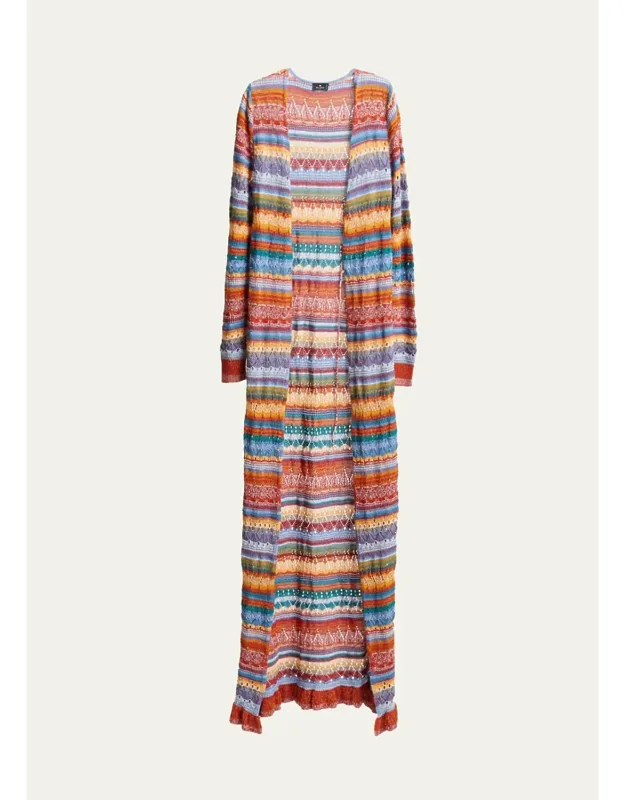Striped Open-knit Long Cardigan