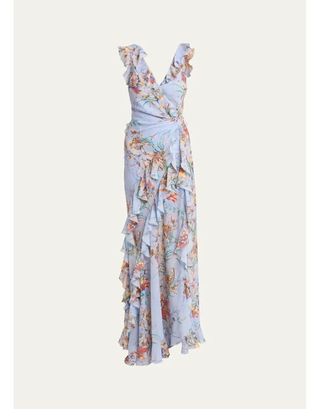 Floral-print Seersucker Ruffled Slit Maxi Dress