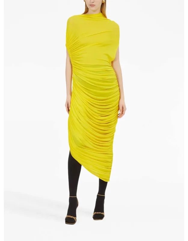 _asymmetric Draped Midi Dress With Ruched Detailing And Mockneck_