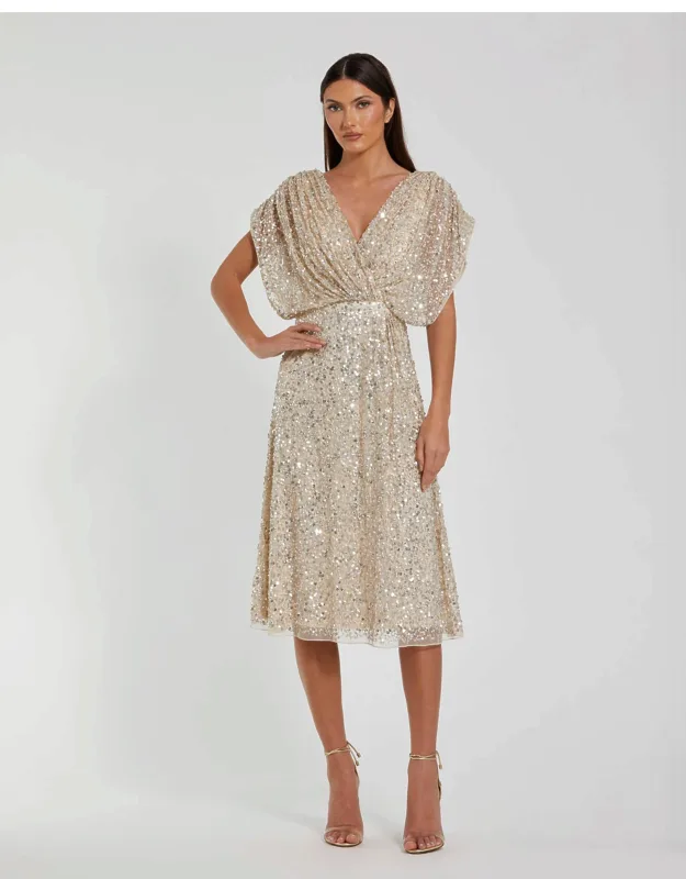Sequin Draped Sleeve V-neck Midi Dress