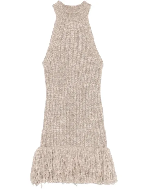 Fringe-trim Ribbed-knit Mini Dress