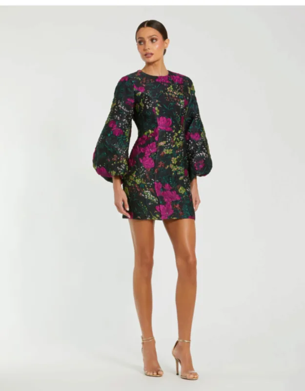 Floral Brocade Puff Sleeve Fitted Mini Dress