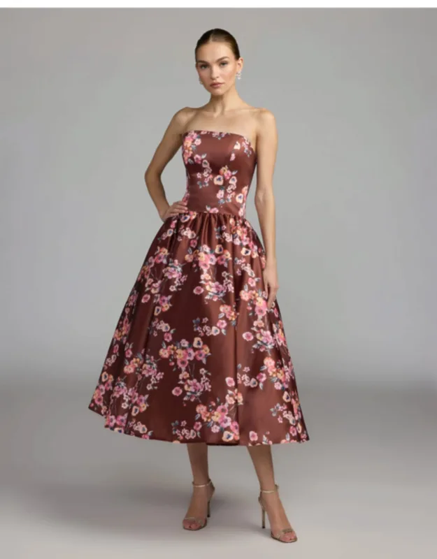 Floral Satin Strapless A-line Midi Dress