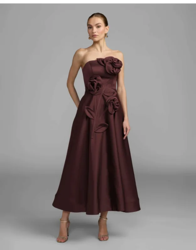 Strapless Satin A-line Dress With 3d Flowers