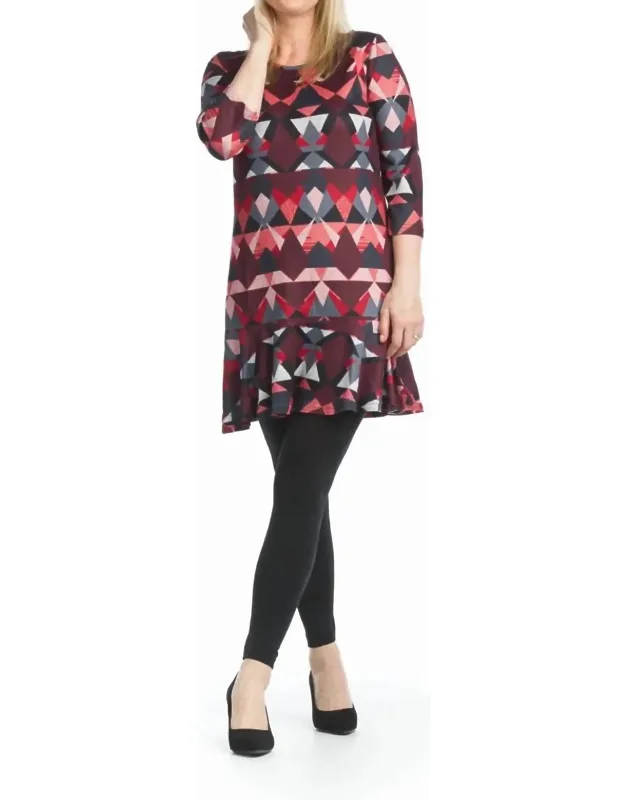 Geometric 3/4 Sleeve Dress With Ruffle Hem