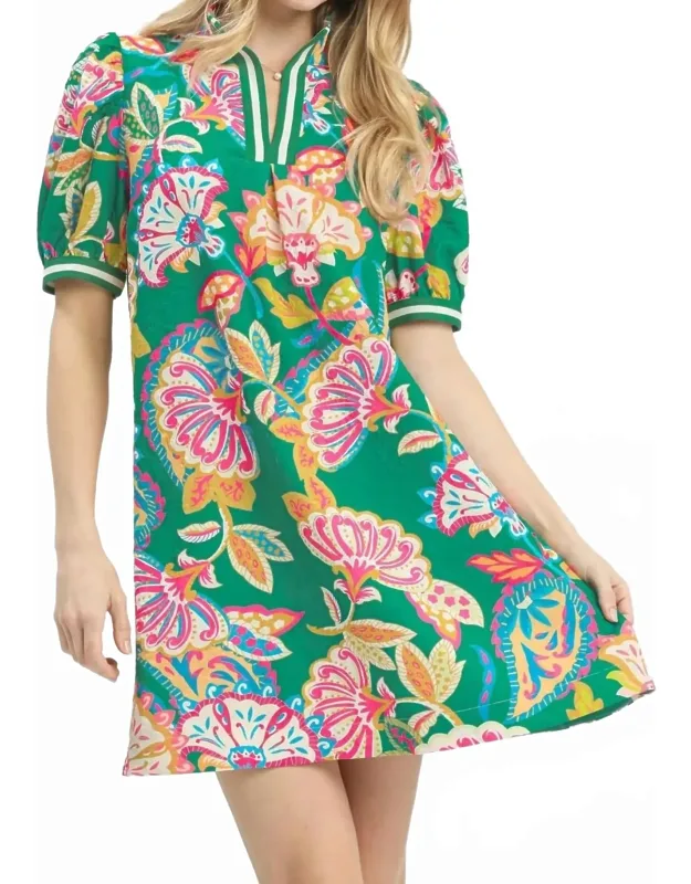 Jacquard Paisley Print Puff Sleeve Mini Tunic Dress