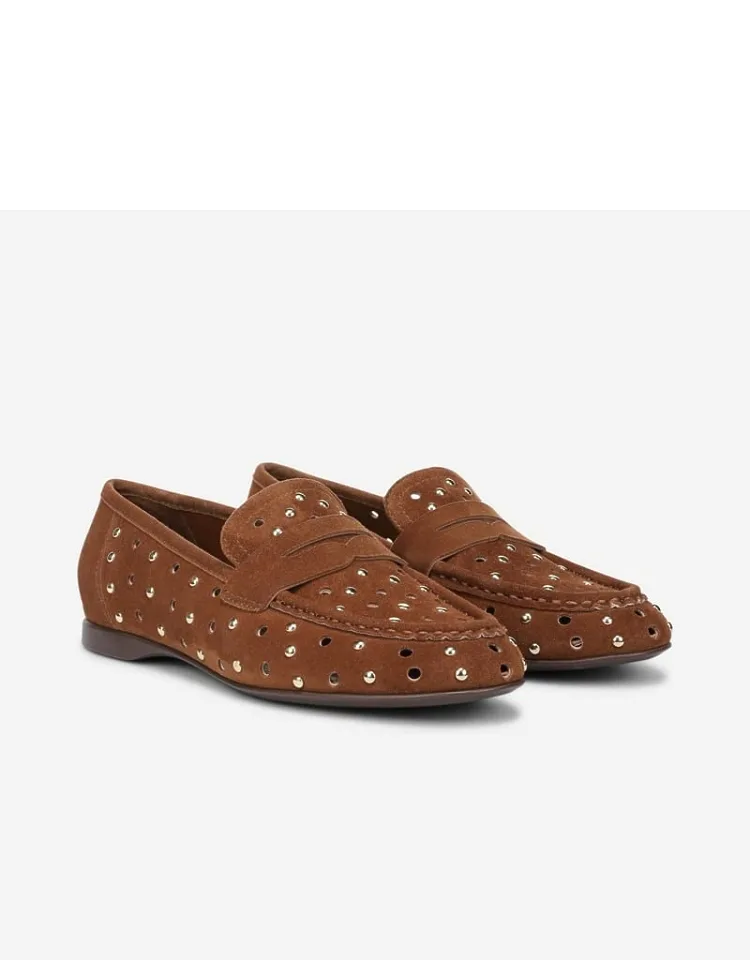 Bloom Loafers, Studded Suede Leather, Slip-on Fit, Block Heels