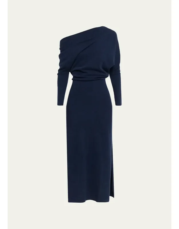 One-shoulder Draped Cashmere Midi Dress
