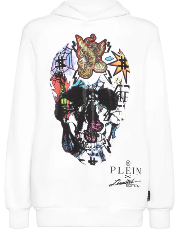 Hoodie Sweatshirt Tattoo Skull Strass With Rhinestone Print And Two Slit Pockets