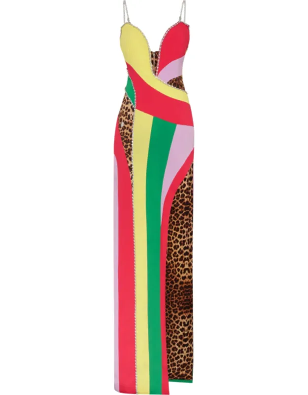 Satin Long Dress Rainbow Patchwork