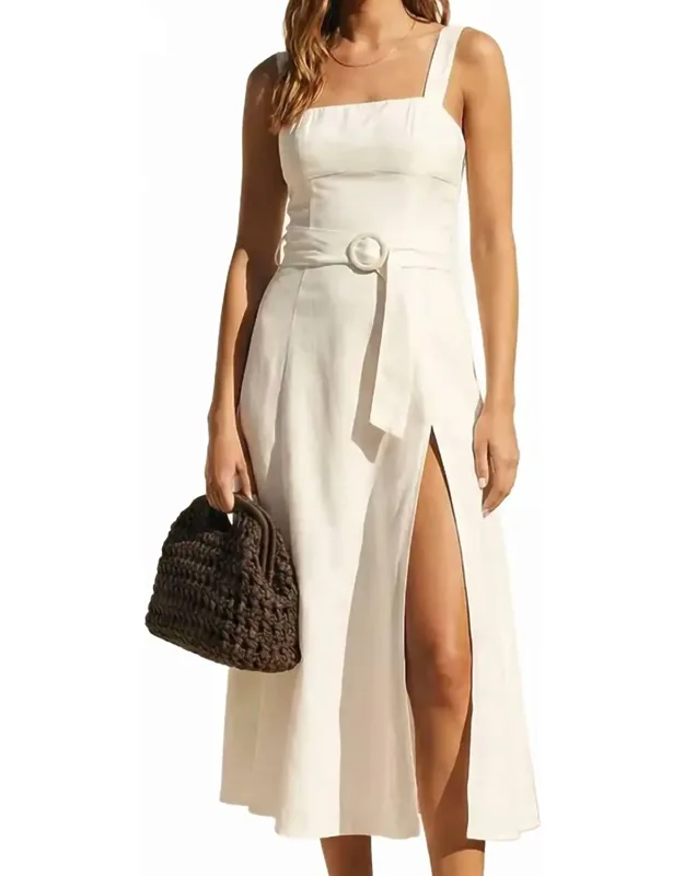 Linen Square Neck Buckle Midi Dress