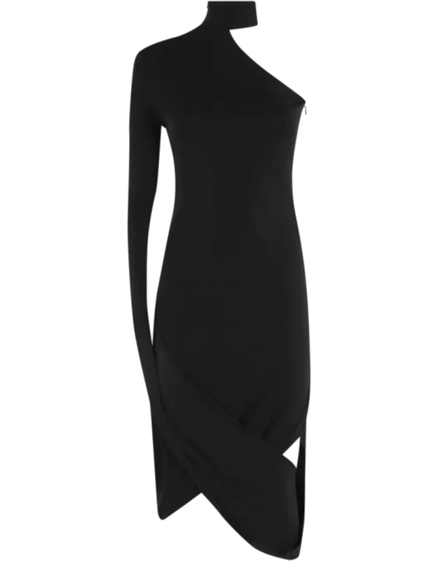Asymmetric Draped-sleeve Midi Dress