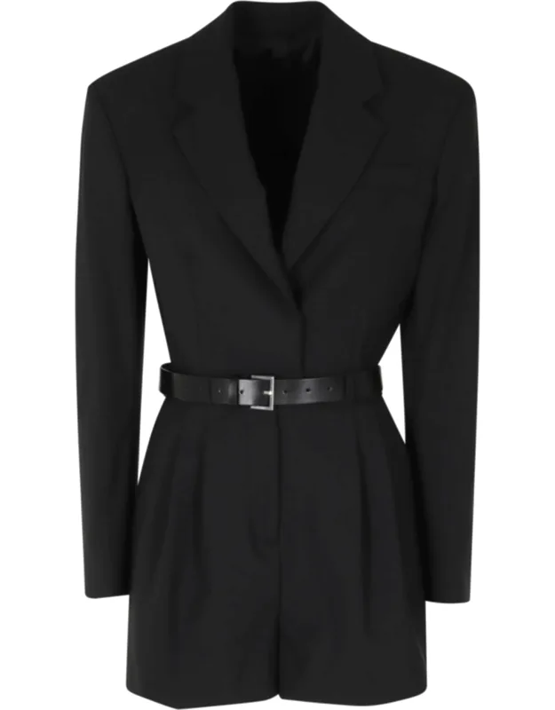 Two-way Stretch Leather Belt Wool-blend Jumpsuit