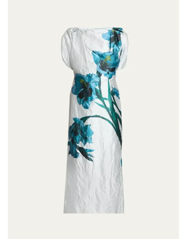 Floral Textured Satin Twisted-shoulder Midi Dress