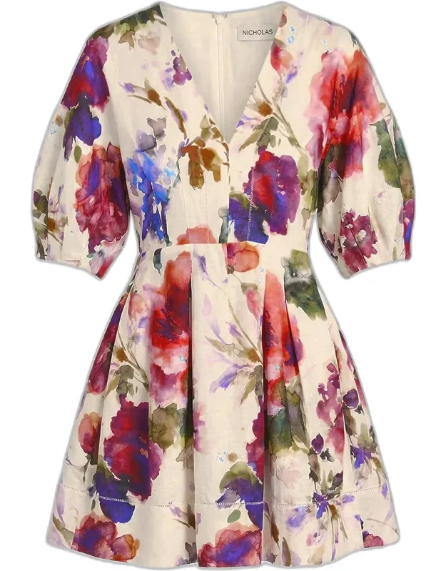 Pleated Puff-sleeve Linen Mini Dress