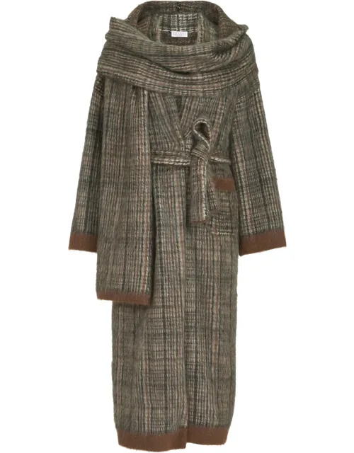 Mohair And Wool Prince-of-wales Double-knit Coat With Scarf