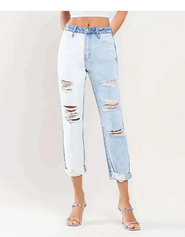 Distressed Colorblock Mom Jeans
