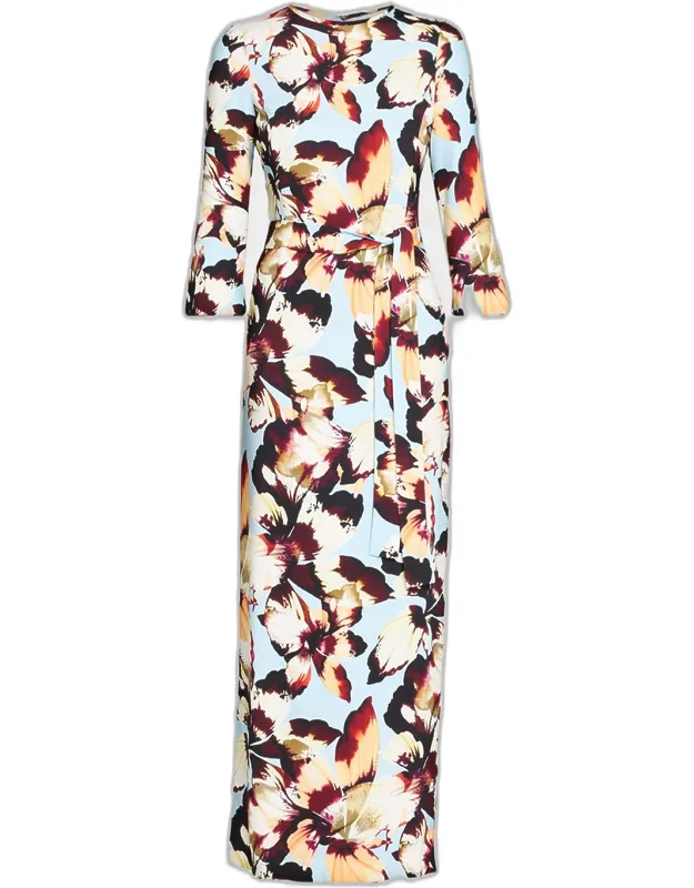 Amber Lily Print Crepe Belted Maxi Dress