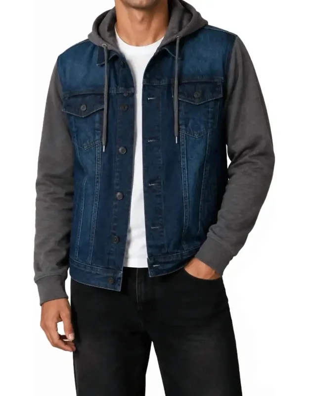 Denim Hooded Jacket With Knitted Sleeves