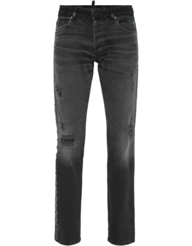 5-pocket Super Straight Cut Jeans With Used Effect Denim And Grosgrain Bands