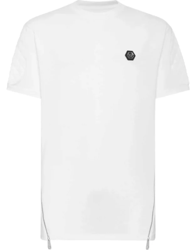 T-shirt Round Neck Ss With Leather Inserts And Quilted Applications